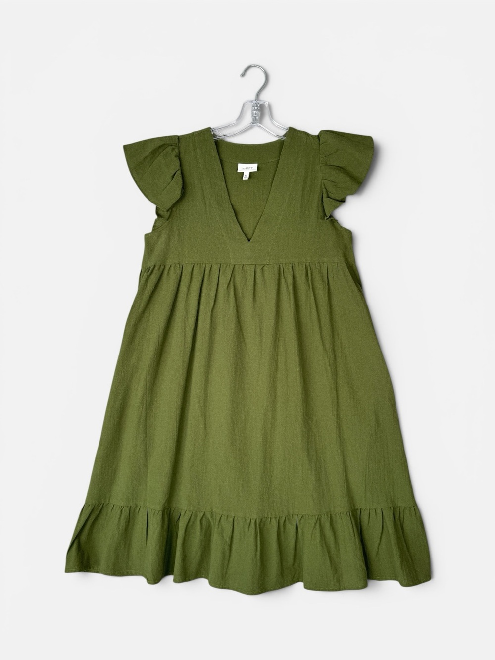 TheGet Tiered Babydoll Mini Dress XS Olive Green V Neck Ruffled Pockets